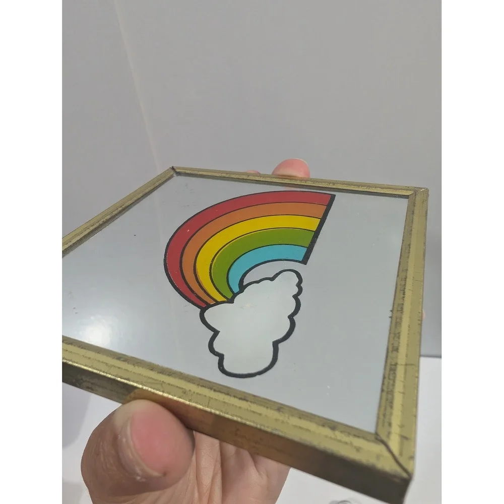 Vintage Rainbow Cloud Mirror Art Gold Frame Square Wall Hanging Retro Decor 70s